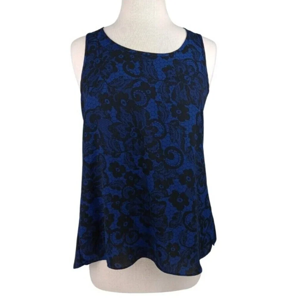 EXPRESS tank top Split Back Tank Top Floral Lace Print Black/Blue Sz S - Picture 2 of 4